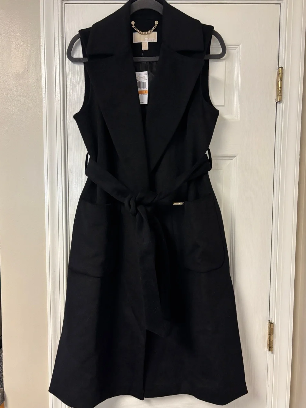 NWT Michael Kors Sleeveless Belted Wool Blend Wrap Coat Black Sz S $295